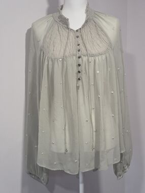 Free People Boho Sheer Light Sage Beaded Smocked Peasant Blouse Women's Size L
